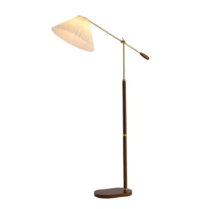 Retro Walnut Copper Color Cream Pleated Fabric Lampshade Floor Lamp
