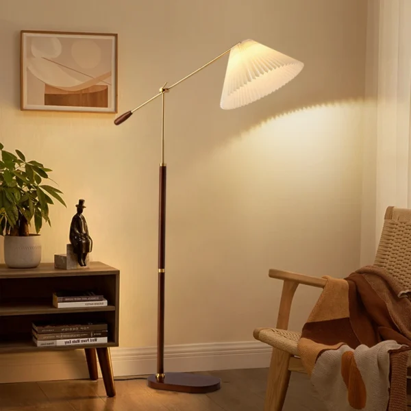 Retro Walnut Copper Color Cream Pleated Fabric Lampshade Floor Lamp - Image 2