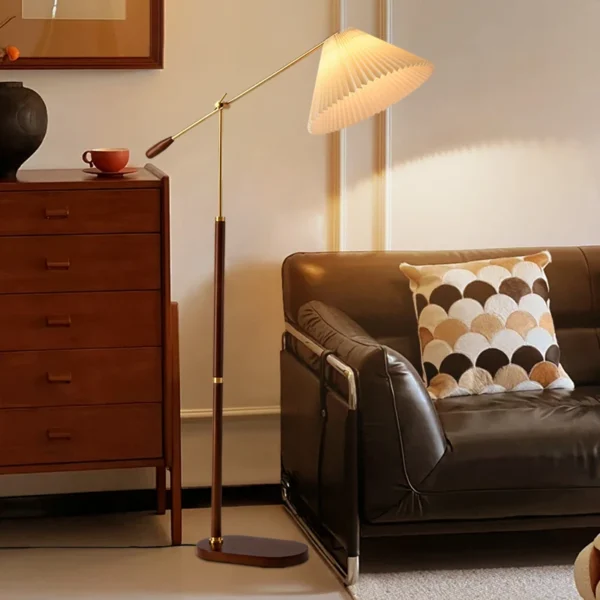 Retro Walnut Copper Color Cream Pleated Fabric Lampshade Floor Lamp - Image 4
