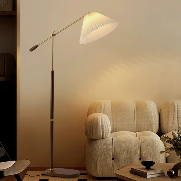 Retro Walnut Copper Color Cream Pleated Fabric Lampshade Floor Lamp - Image 3