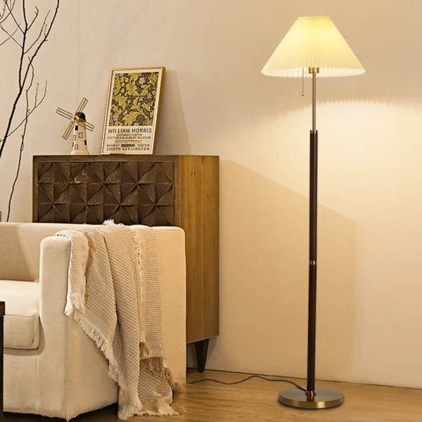Retro Walnut Copper Color Fabric Floor Stand Lamp - Image 2