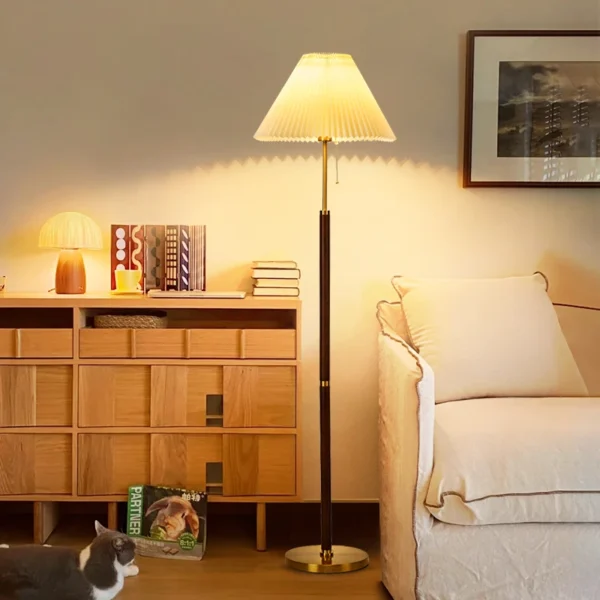 Retro Walnut Copper Color Fabric Floor Stand Lamp - Image 3