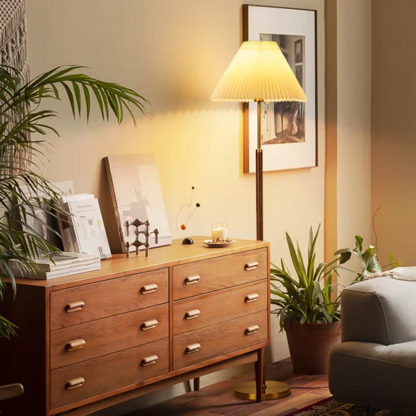 Retro Walnut Copper Color Fabric Floor Stand Lamp - Image 4