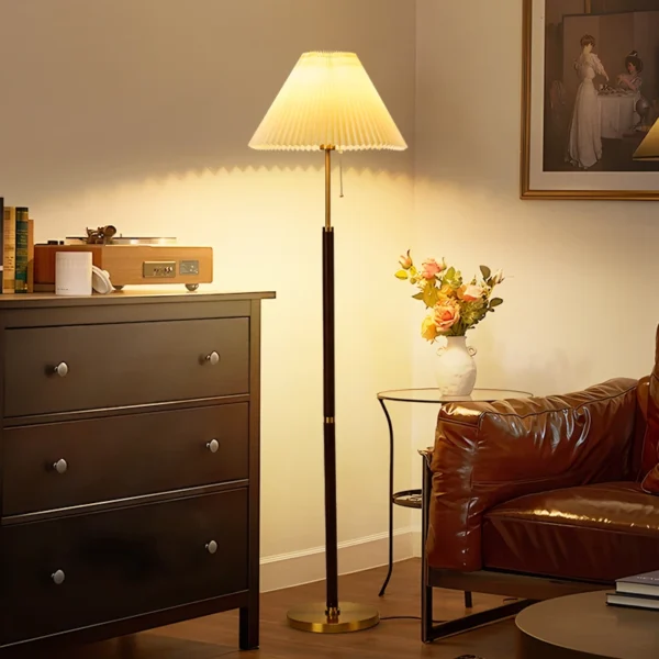 Retro Walnut Copper Color Fabric Floor Stand Lamp - Image 5
