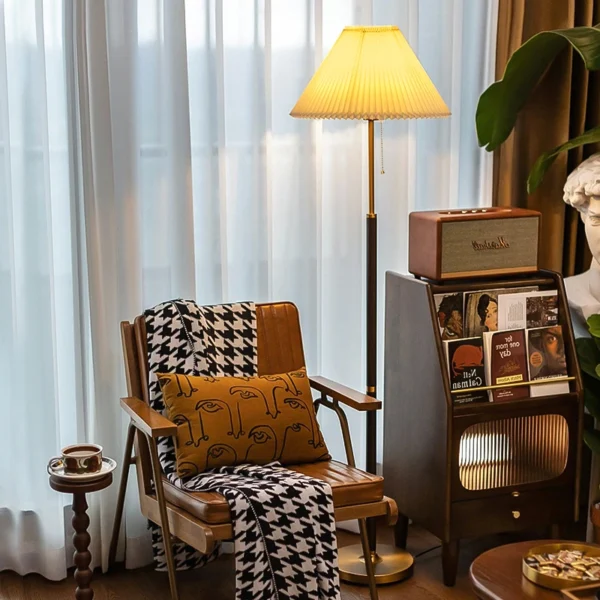 Retro Walnut Copper Color Fabric Floor Stand Lamp - Image 6