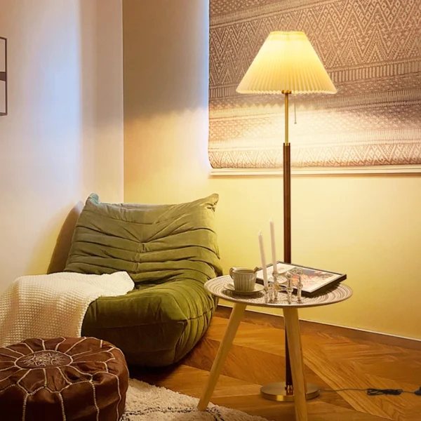 Retro Walnut Copper Color Fabric Floor Stand Lamp - Image 7